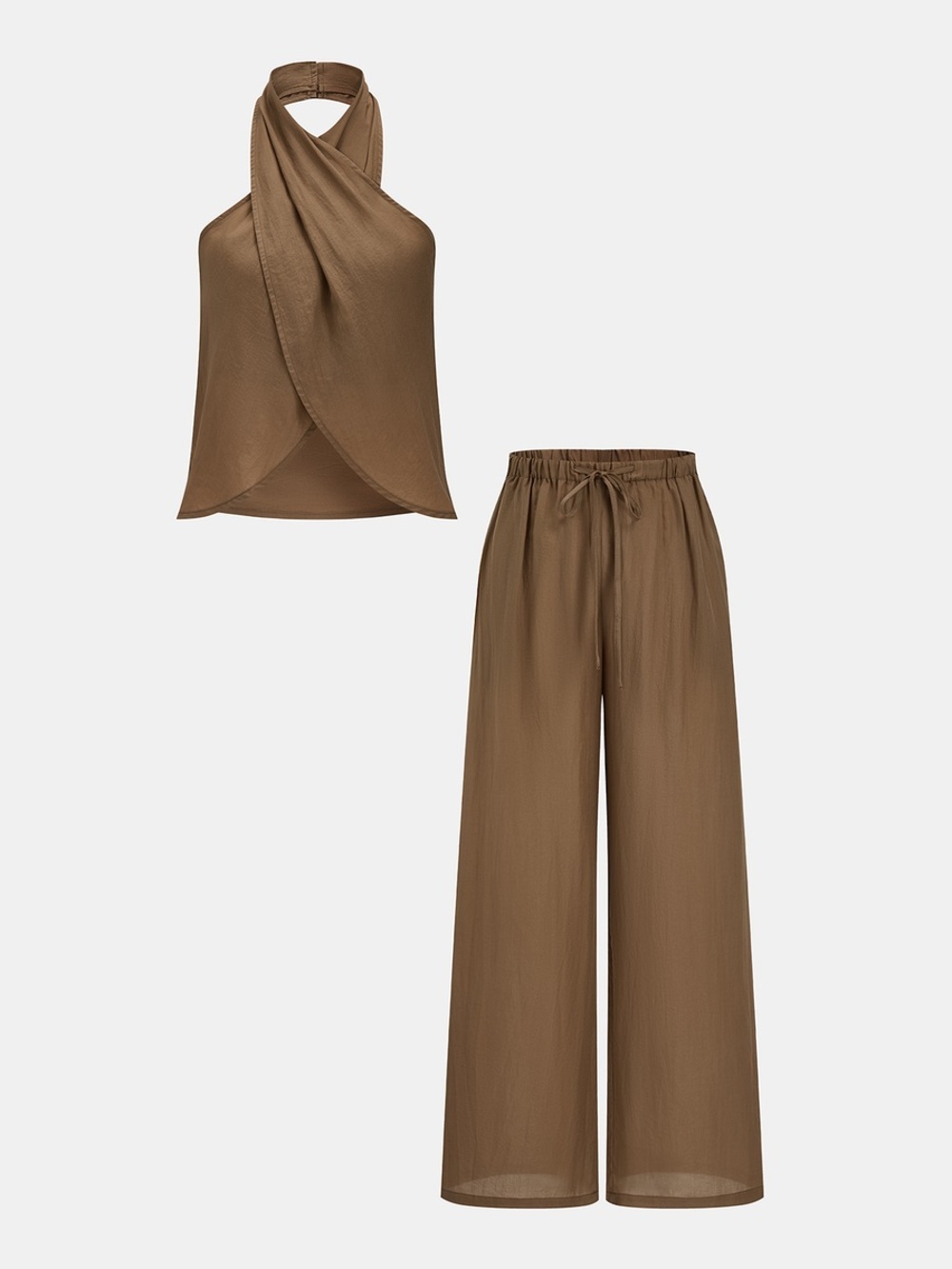 Commense Semi-Sheer Halter Neck Top & Wide Leg Pants Set - Brown - Picture 7 of 11